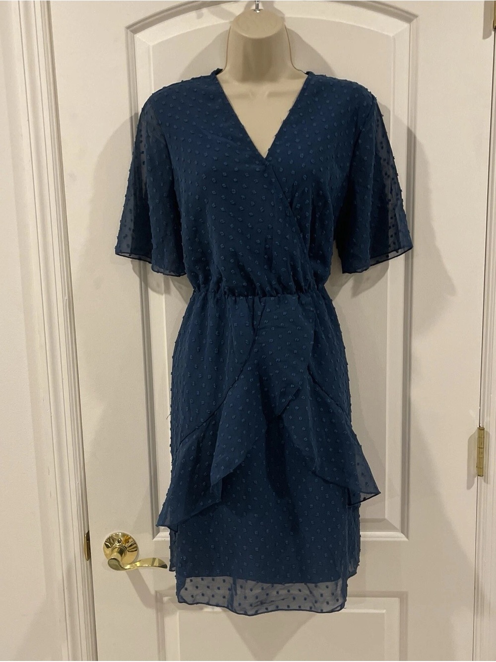 Textured V-Neck Ruffle Mini Dress in Deep Blue